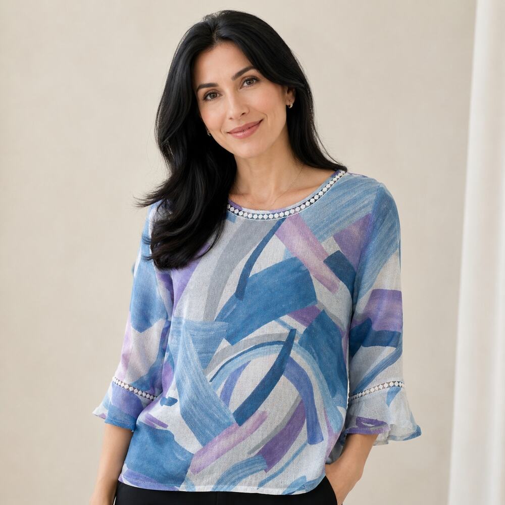 Alfred Dunner Blue & Purple Brushstroke Print Long Sleeve Top Size L